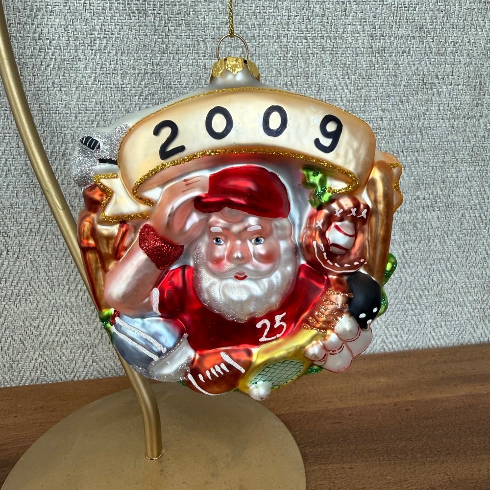 2009 Sports Santa Claus Glass Christmas Ornament Glitter Baseball Football